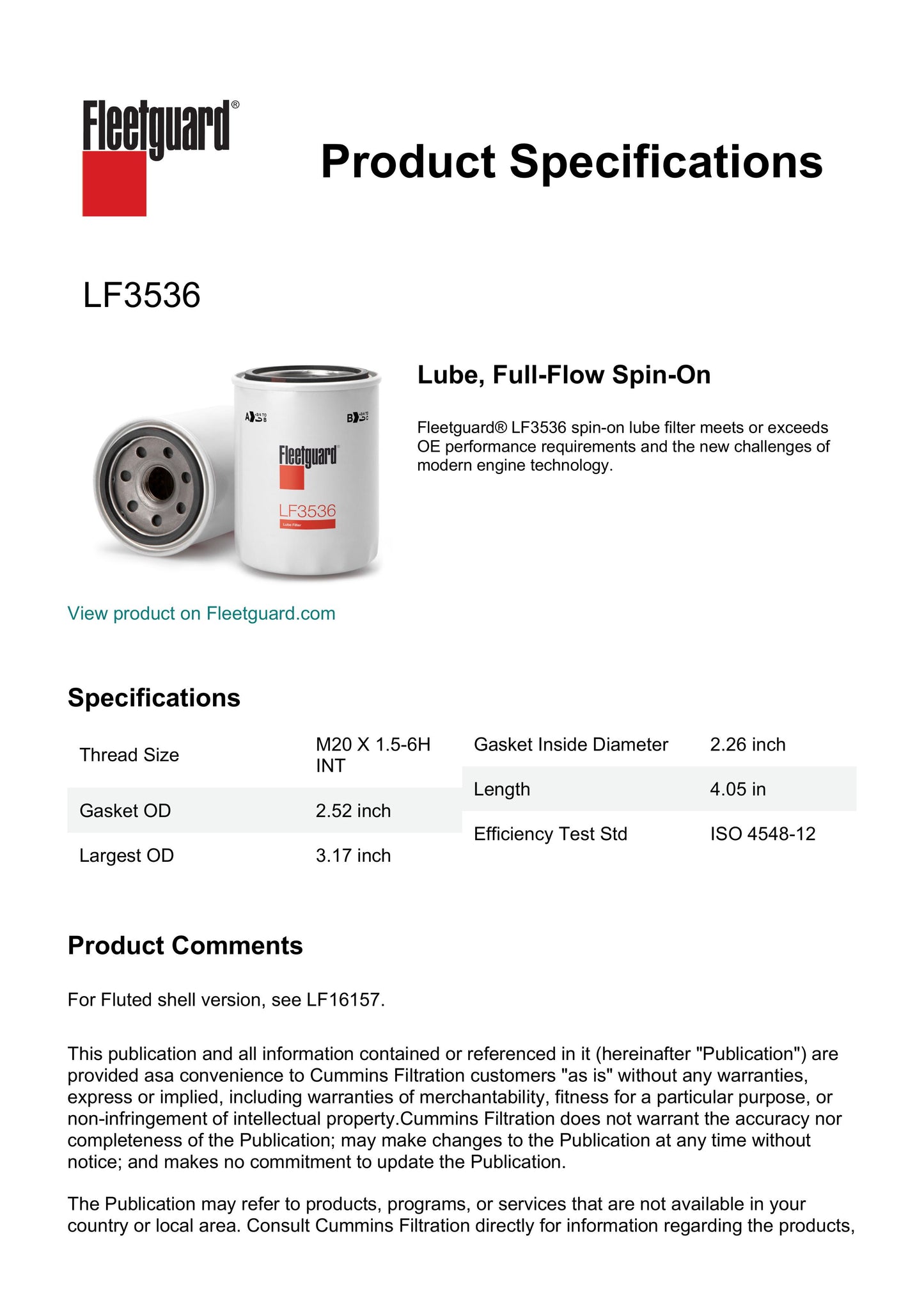 Fleetguard Lube Filter - LF3536