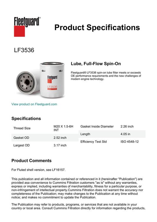 Fleetguard Lube Filter - LF3536