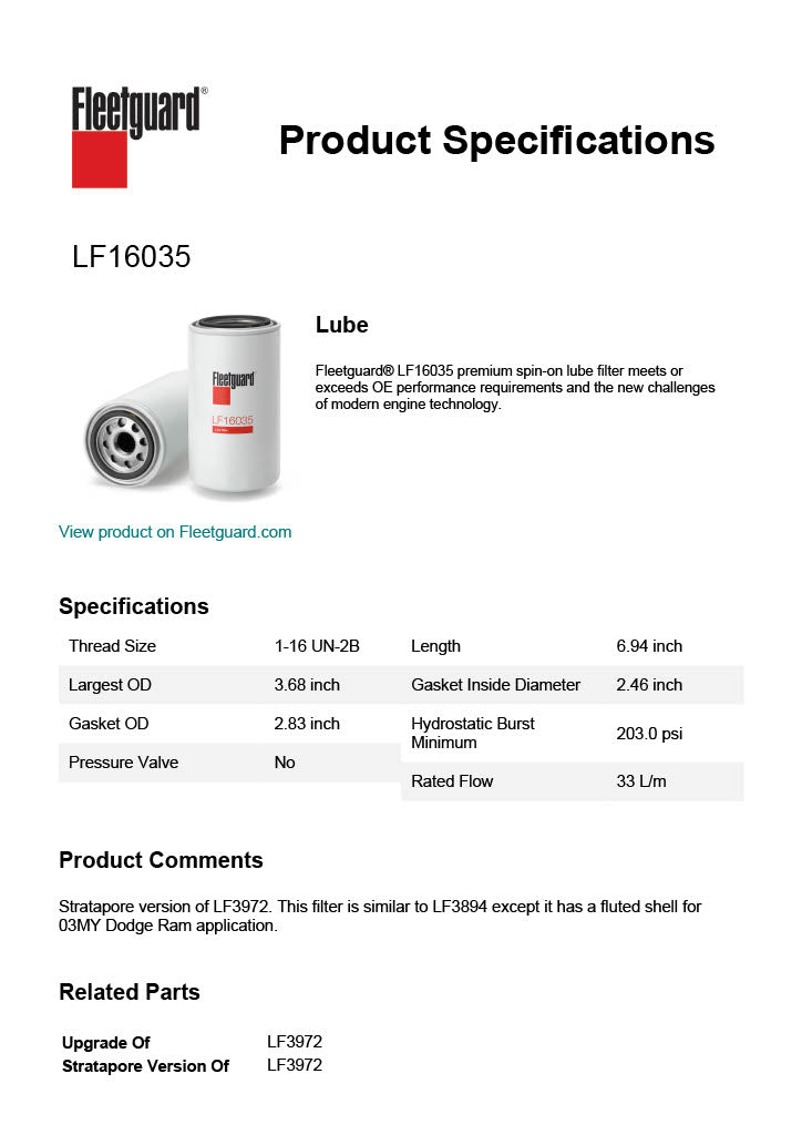 Fleetguard LF16035 Lube Filter