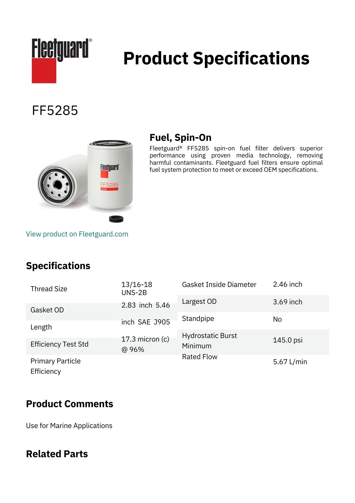 Fleetguard Fuel Filter - FF5285