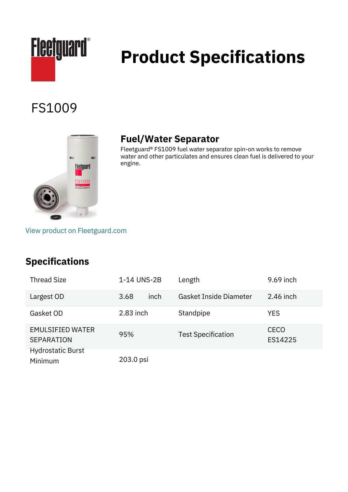 Fleetguard Fuel/Water Separator - FS1009