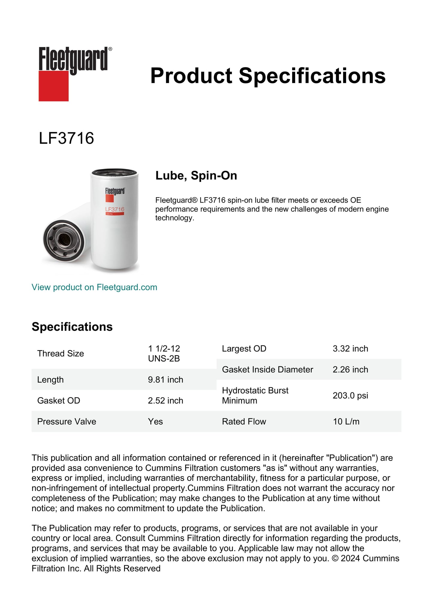 Fleetguard Lube Filter - LF3716