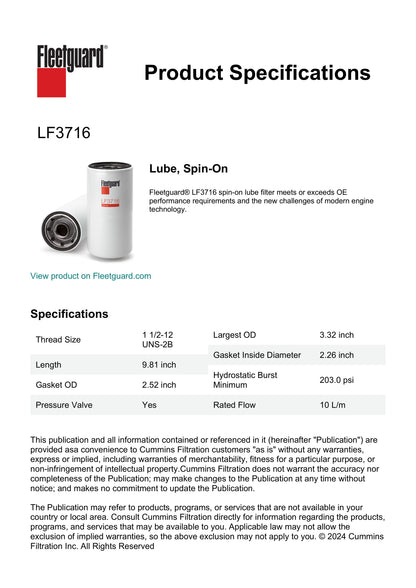 Fleetguard Lube Filter - LF3716