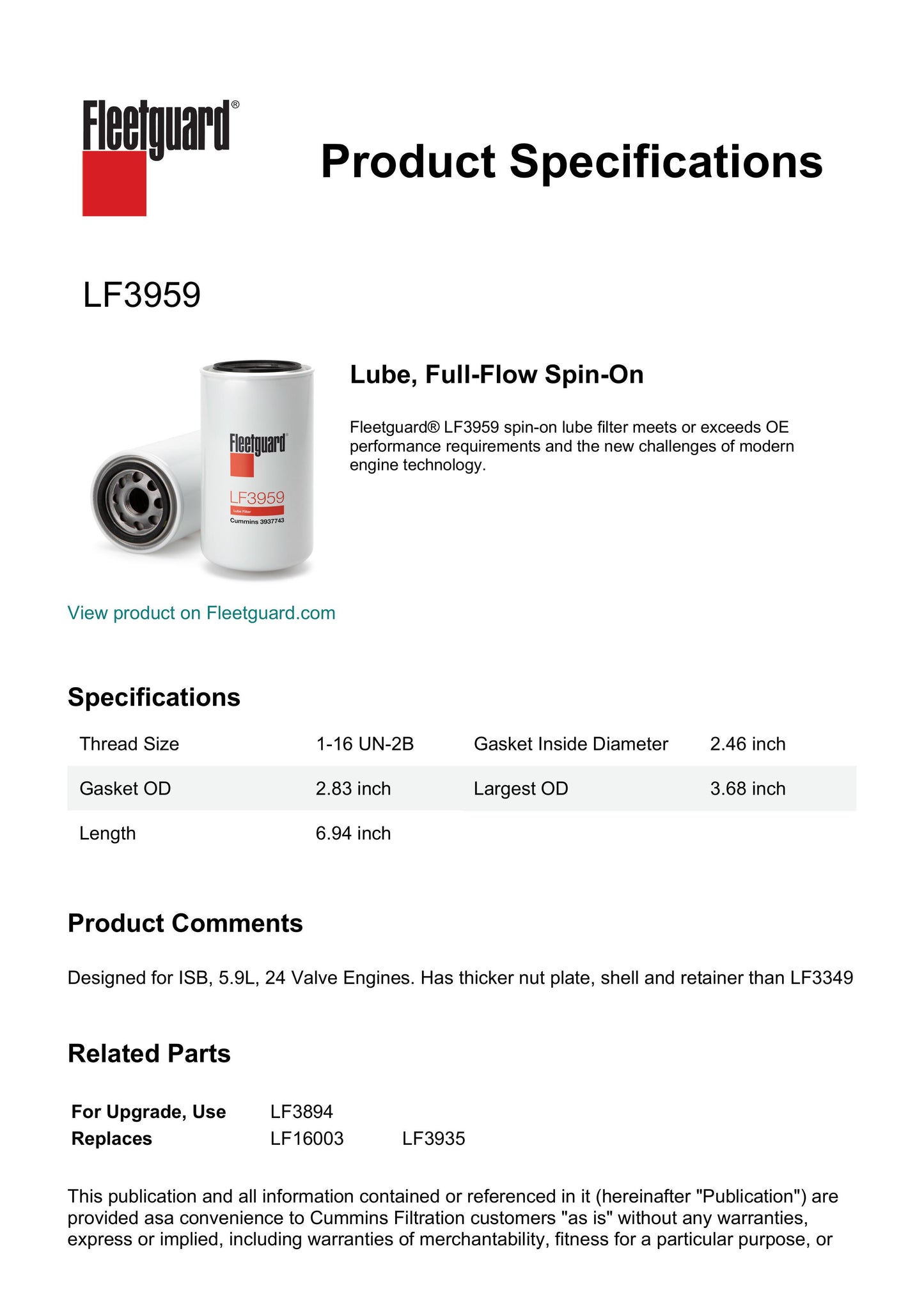 Fleetguard LF3959 Lube Filter