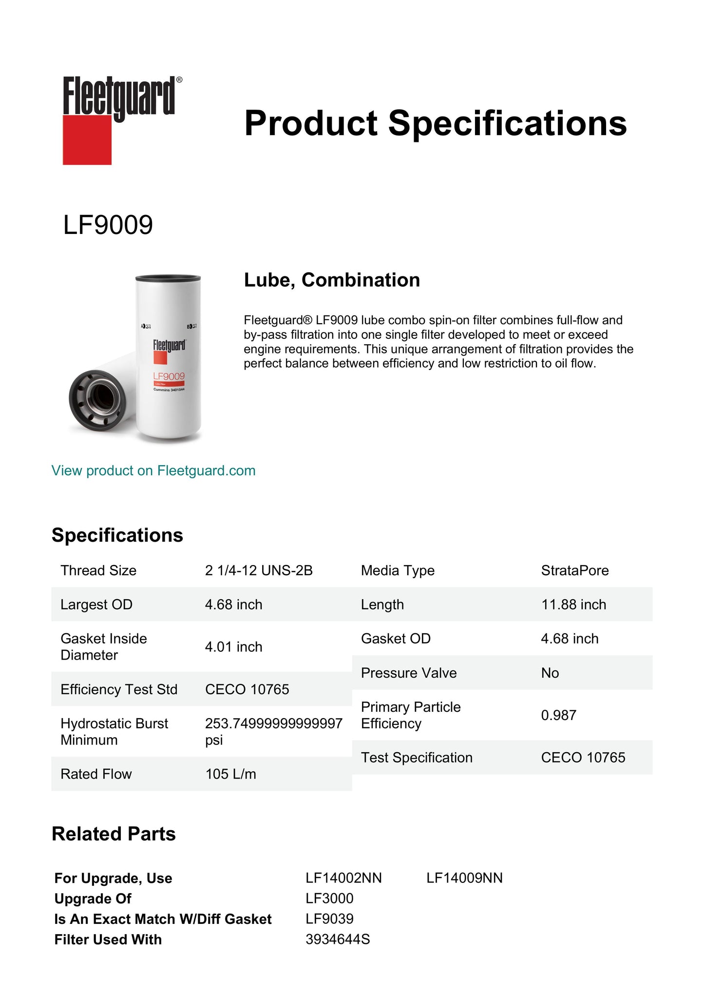 Fleetguard Lube Filter - LF9009